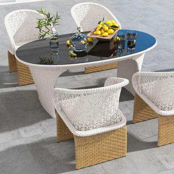 Hofer Outdoor Patio Dining Set 5-Piece 63" Garden Oval Dining Table 4 Rattan Chair Black Glass Top